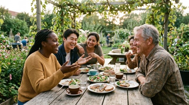 A group of people enjoying a meal outdoors, sitting around a wooden table with plates of food and drinks, engaged in conversation.
