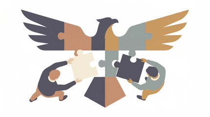 Fototapeta premium Modern vector art of unity, people building an eagle puzzle, symbolizing the profound honour of veterans day and every military soldier's unwavering dedication