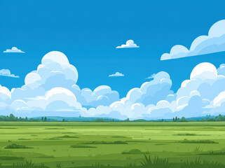 Fototapeta premium Vibrant illustration of green meadow under bright blue sky filled with fluffy white clouds, creating serene and peaceful atmosphere. landscape evokes sense of tranquility and natural beauty