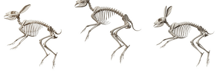 Rabbit skeleton, Oryctolagus cuniculus, hopping pose, detailed hind leg bones, Leporidae lagomorpha osteology, fenestrated maxillary skull bone saltatorial mammalian structural frame setup © SmartBee