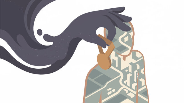 Avant-garde vector illustration of a shadowy hand inserting a data chip into a human head made of circuit patterns, symbolizing external mind control and AI programming