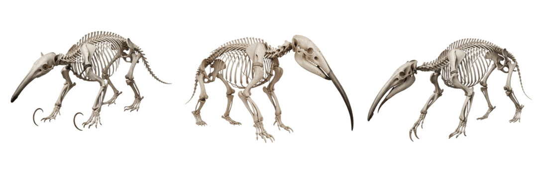 Giant anteater skeleton, Myrmecophaga tridactyla, elongated skull and claws anatomy, Myrmecophagidae edentate xenarthra osteology, curved falcula fossorial appendage structure profile index