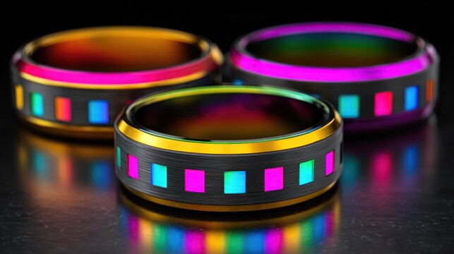Three modern wedding bands featuring vibrant inlaid square light elements sit on a dark reflective surface