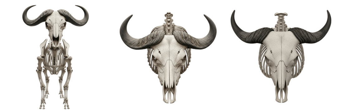 Buffalo skeleton, Bubalus bubalis, massive horn skull anatomy, realistic osteology model, Bovidae artiodactyl bovine megafauna robust skeleton, thoracic vertebrae spine extensions profile track