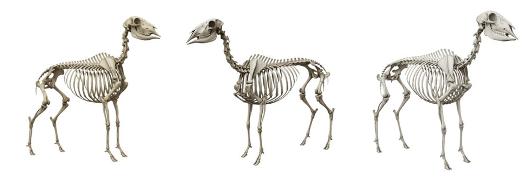 Sheep skeleton, Ovis aries, farm mammal anatomy, detailed bone texture, Bovidae caprine domestic livestock osteology, ovine skeletal frame structural mapping layout reference guide profile card