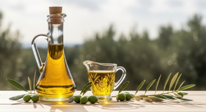Golden Olive Oil in Glass Bottle and Pitcher with Fresh Olives and Branches