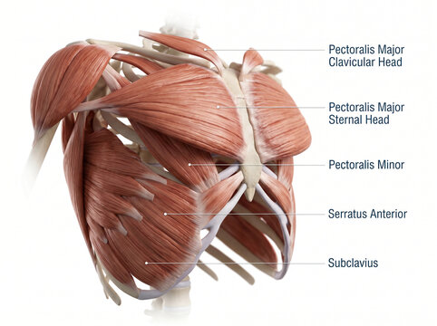Detailed anatomical illustration of the human chest muscles and rib cage