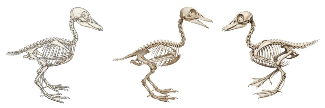 Duck skeleton, Anas platyrhynchos, side profile anatomy, detailed webbed foot bones, Anatidae dabbling duck anseriform osteology, spatulate bill filter jaw framework profiling index matrix format