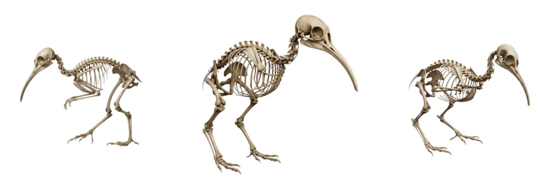 Kiwi bird skeleton, Apteryx australis, small flightless bird bone structure, Apterygidae ratite vestigial wing framework, elongated probing beak terminal nostrils cranial profile calibration template