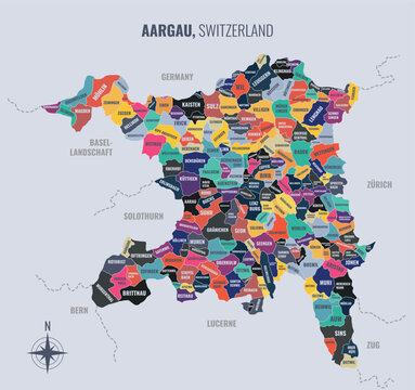 A map showing Aargau Switzerland Conton into Commune in a minimalist colorful style