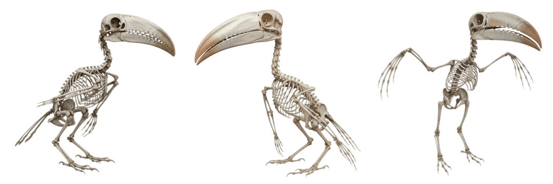 Toucan skeleton, Ramphastos toco, oversized beak skull anatomy, tropical bird osteology, Ramphastidae piciform hollow trabecular bill structure, zygodactyl arboreal claw tracking framework card
