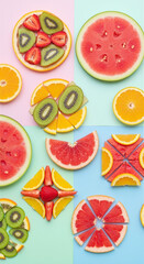 Fototapeta premium Vibrant colorful fruit slices on pastel pink green blue background fresh healthy eating concept with watermelon kiwi orange grapefruit