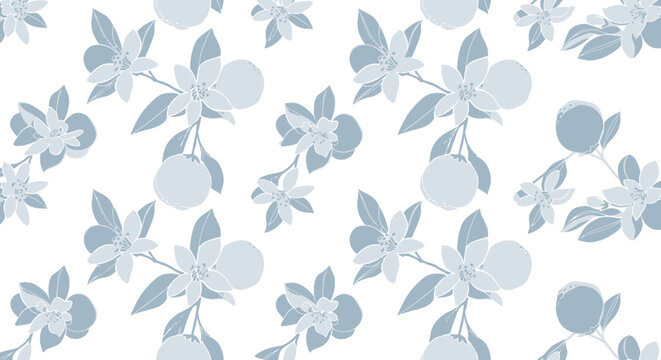 Seamless Pattern: Light Blue Orange Blossoms and Fruits on White Background