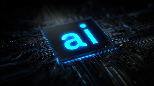 Futuristic abstract background featuring glowing blue neon text representing artificial intelligence on circuit board. design evokes sense of advanced technology and innovation