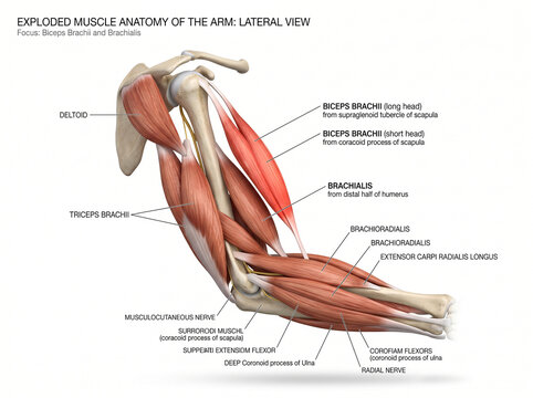 Detailed 3D anatomical illustration of the human arm muscles and bones
