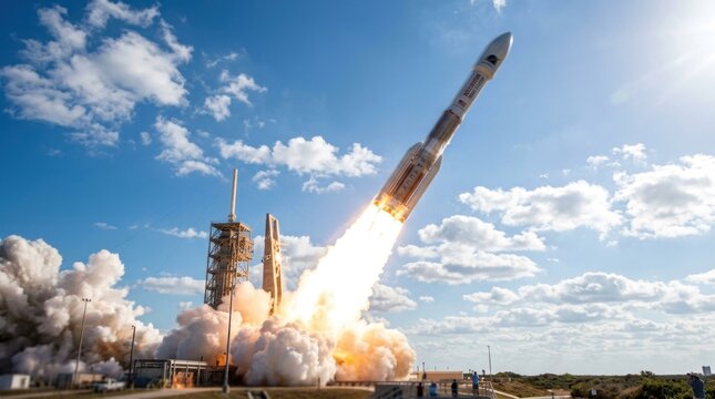 A rocket launches into the sky, with a blue sky and white clouds as the backdrop.