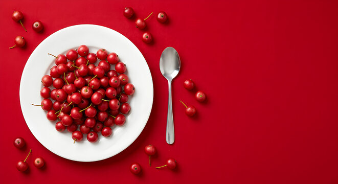 Minimalist flat lay of fresh red cherries on white plate with spoon over vibrant red background, copy space