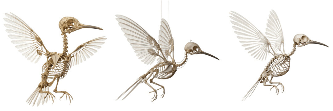 Hummingbird skeleton, Archilochus colubris, hovering wings anatomy, miniature bird osteology, Trochilidae apodiform hyper-developed keeled sternum, rotated humerus ball joint structure asset map