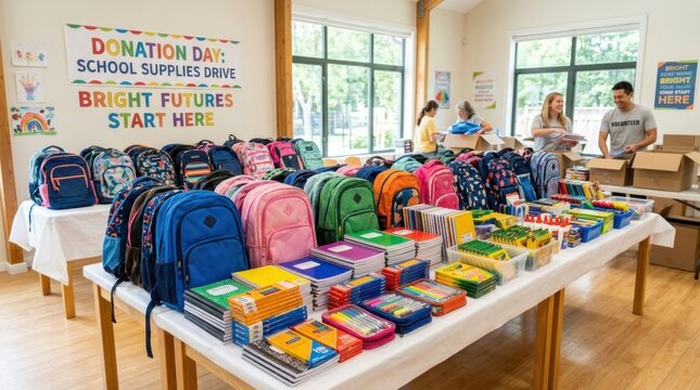 A table filled with colorful backpacks and school supplies, with a sign reading 'Donation Supplies Day: School Supplies Drive' and a banner reading 'Bright Futures Start Here'