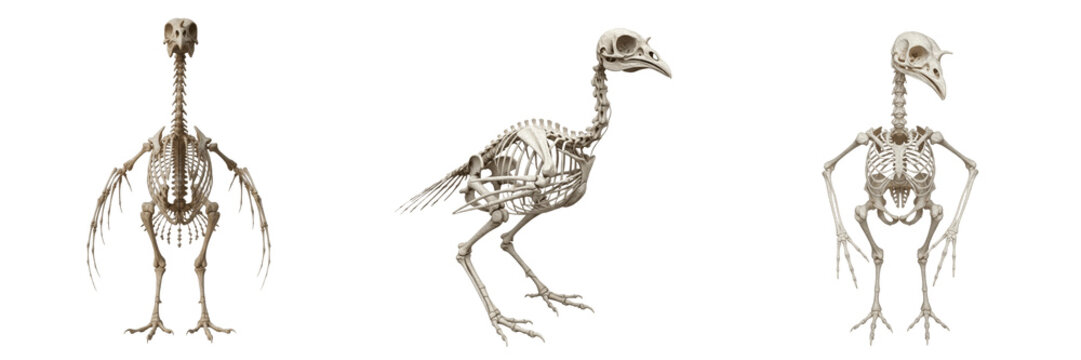 Turkey skeleton, Meleagris gallopavo, large featherless bird anatomy, centered composition, Phasianidae galliform heavy-bodied fowl osteology, tarsal bone defensive spur modification format file