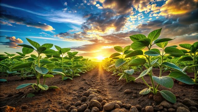 Low angle view of lush soybean plants in soil rows with a sunset sky