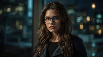 Obraz premium Young woman with glasses and leather jacket in moody urban night portrait