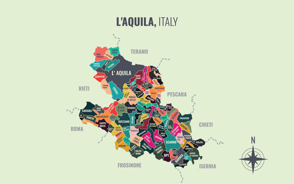 A map showing LAquila Italy Provincia into Comune in a minimalist colorful style