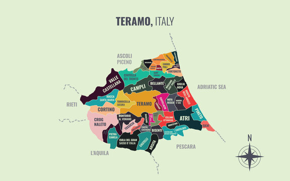 A map showing Teramo Italy Provincia into Comune in a minimalist colorful style