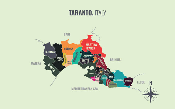 A map showing Taranto Italy Provincia into Comune in a minimalist colorful style