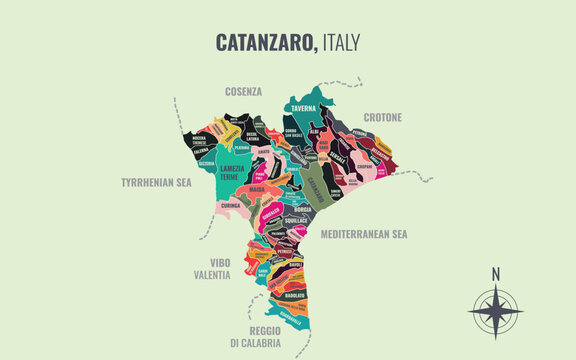 A map showing Catanzaro Italy Provincia into Comune in a minimalist colorful style