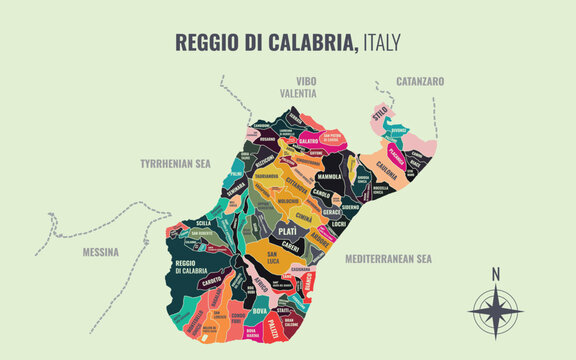 A map showing Reggio Di Calabria Italy Provincia into Comune in a minimalist colorful style