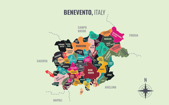 A map showing Benevento Italy Provincia into Comune in a minimalist colorful style