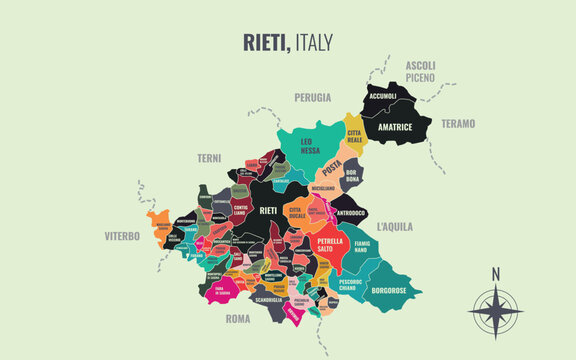 A map showing Rieti Italy Provincia into Comune in a minimalist colorful style