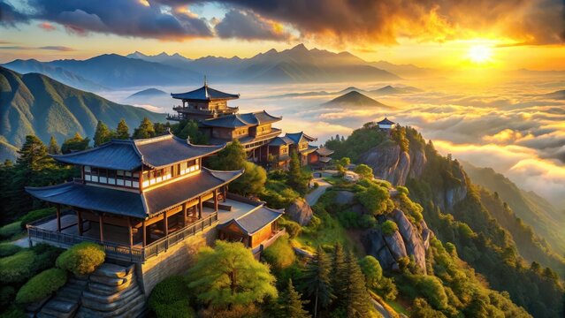 Mountaintop japanese resort at sunrise