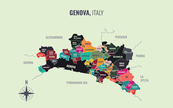 A map showing Genova Italy Provincia into Comune in a minimalist colorful style