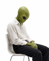 Obraz premium Sad green alien quiet office burnout concept loose white shirt and simple dark trousers sitting alone on a minimalist chair head gently lowered hands resting on lap