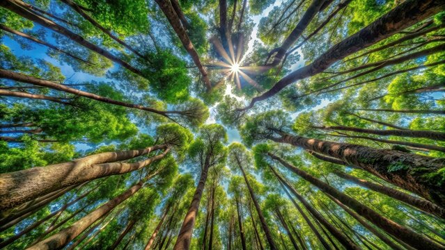 View from below of crown shyness trees pattern in rain forest of southern  of thailand