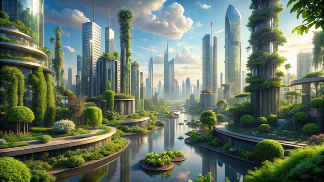 Nature thrives in a minimalist futuristic city landscape exhibit