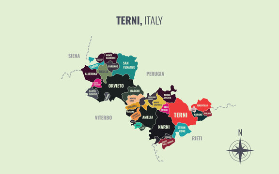 A map showing Terni Italy Provincia into Comune in a minimalist colorful style