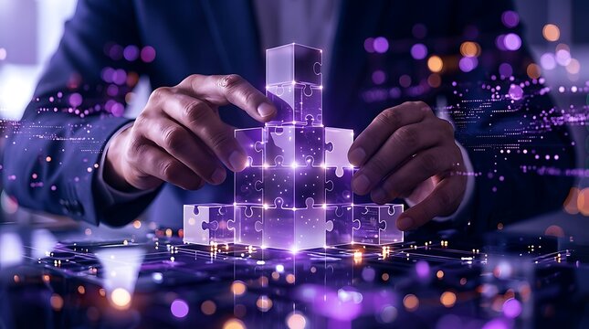 Hands assembling glowing transparent puzzle pieces into a structure, representing digital innovation, data integration, and complex problem-solving in technology