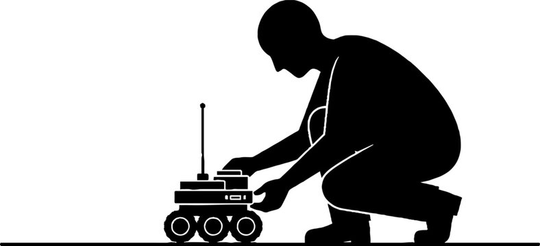 Engineer adjusting small robotic rover silhouette