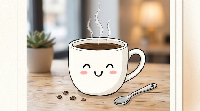 A cute cartoon coffee cup with a smiling face, sitting on a wooden table with a spoon and coffee beans.
