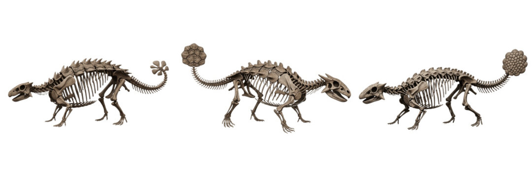 Ankylosaurus skeleton, Ankylosaurus magniventris, armored tail club anatomy, side profile view, Ankylosauridae family, thyreophora quadrupedal dinosaur osteology, fused osteoderms framework
