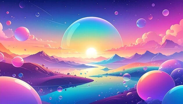 Surreal landscape with pastel mountains, calm water, sunset, and floating transparent orbs