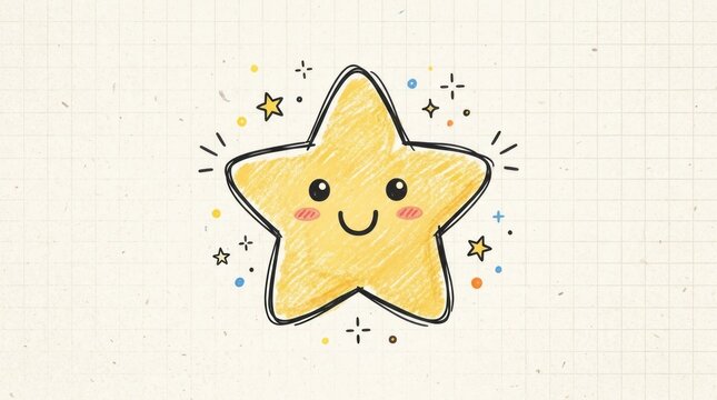 A cute, hand-drawn yellow star with a smiling face, surrounded by colorful stars and dots on a beige background with a grid pattern.