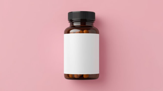 Amber supplement bottle with blank white label pink background, minimalist wellness packaging