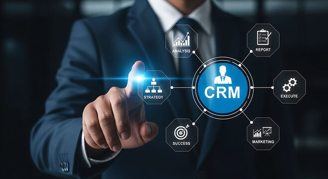 Businessman touching CRM customer relationship management system interface concept