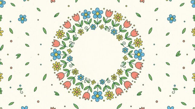 A colorful floral wreath with red, yellow, and blue flowers, surrounded by green leaves and dots, set against a white background with a subtle pattern of dots and lines.