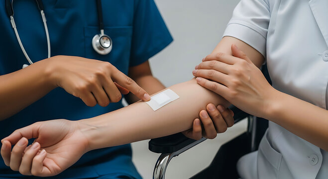 Medical professional pointing at adhesive bandage on patient arm in hospital