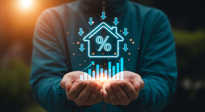 Real estate interest rate drop and home mortgage financial growth concept